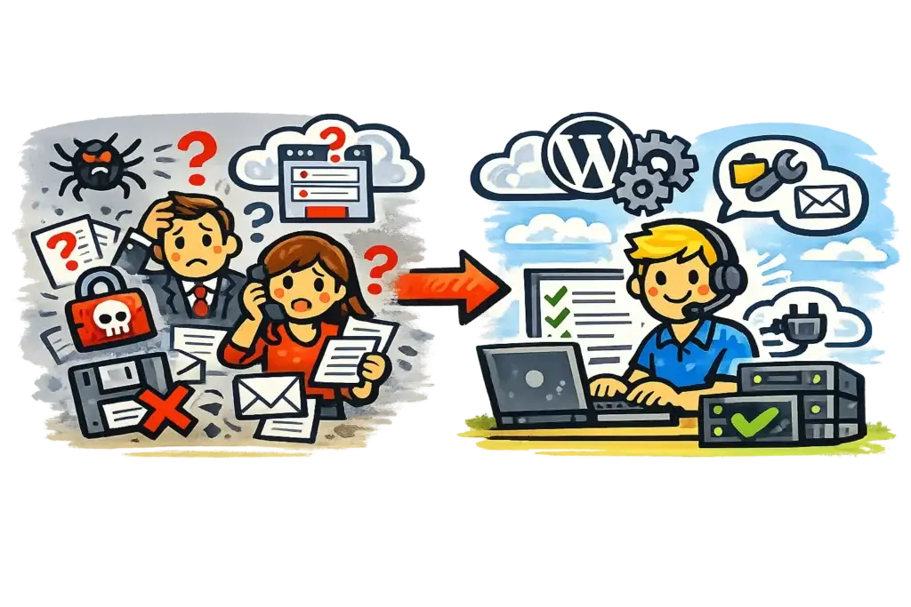 Illustration d’un problème WordPress centralisé par un interlocuteur unique pour corriger un bug plus simplement