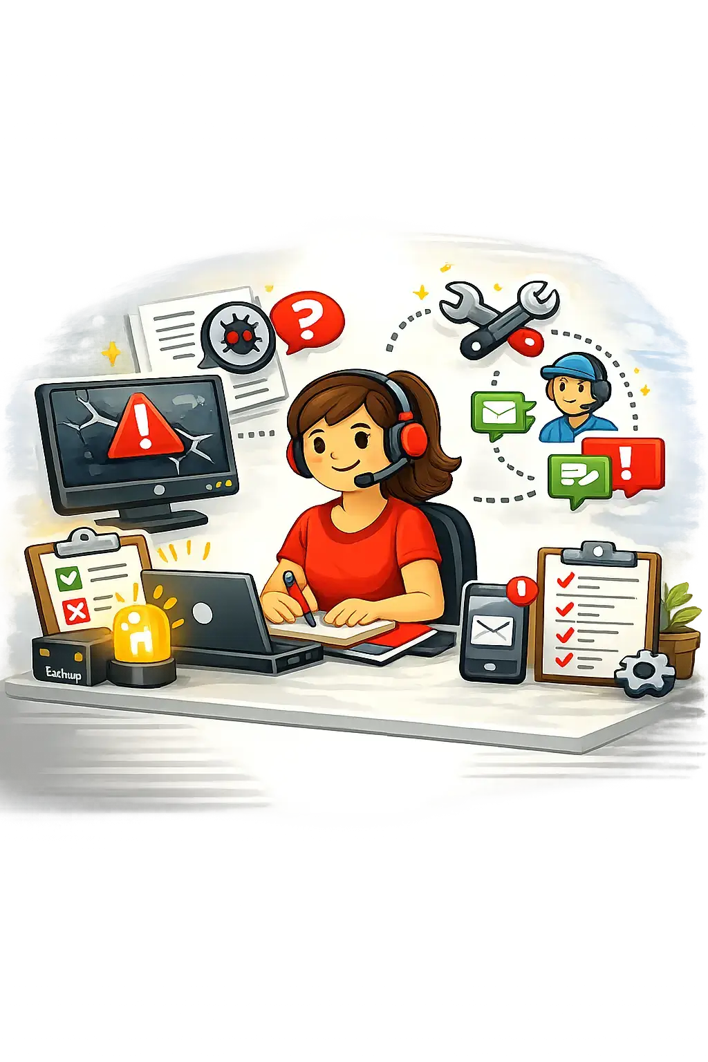 Illustration de gestion des incidents WordPress avec diagnostic, suivi des demandes et réponse technique structurée