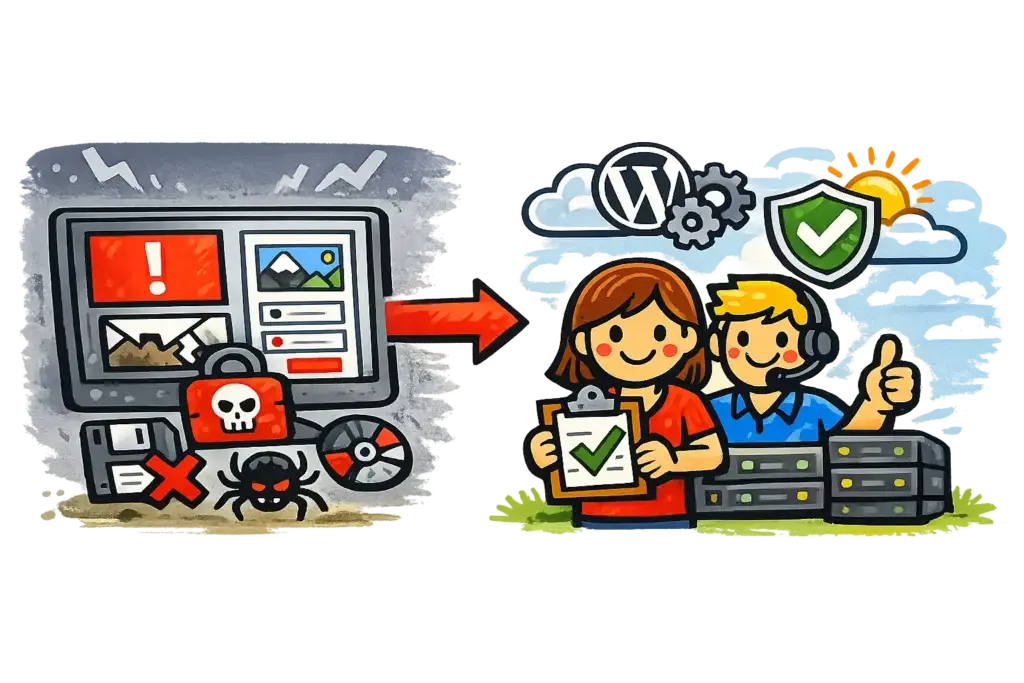Illustration d’un site WordPress en panne comparé à un site sécurisé et suivi grâce à une maintenance préventive