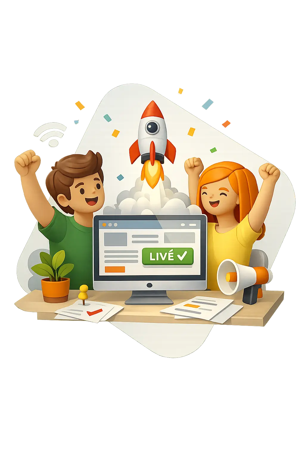Illustration représentant la mise en ligne d’un site web d’entreprise avec validation de publication