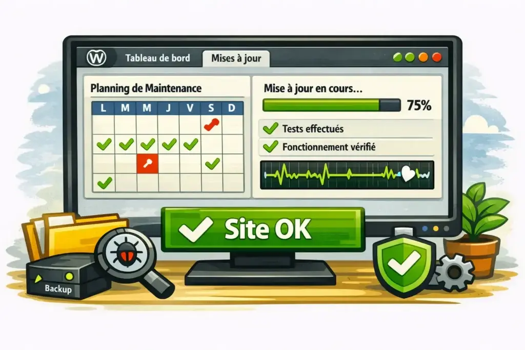 Interface de suivi de maintenance WordPress avec planning, mises à jour en cours, vérifications et statut site OK