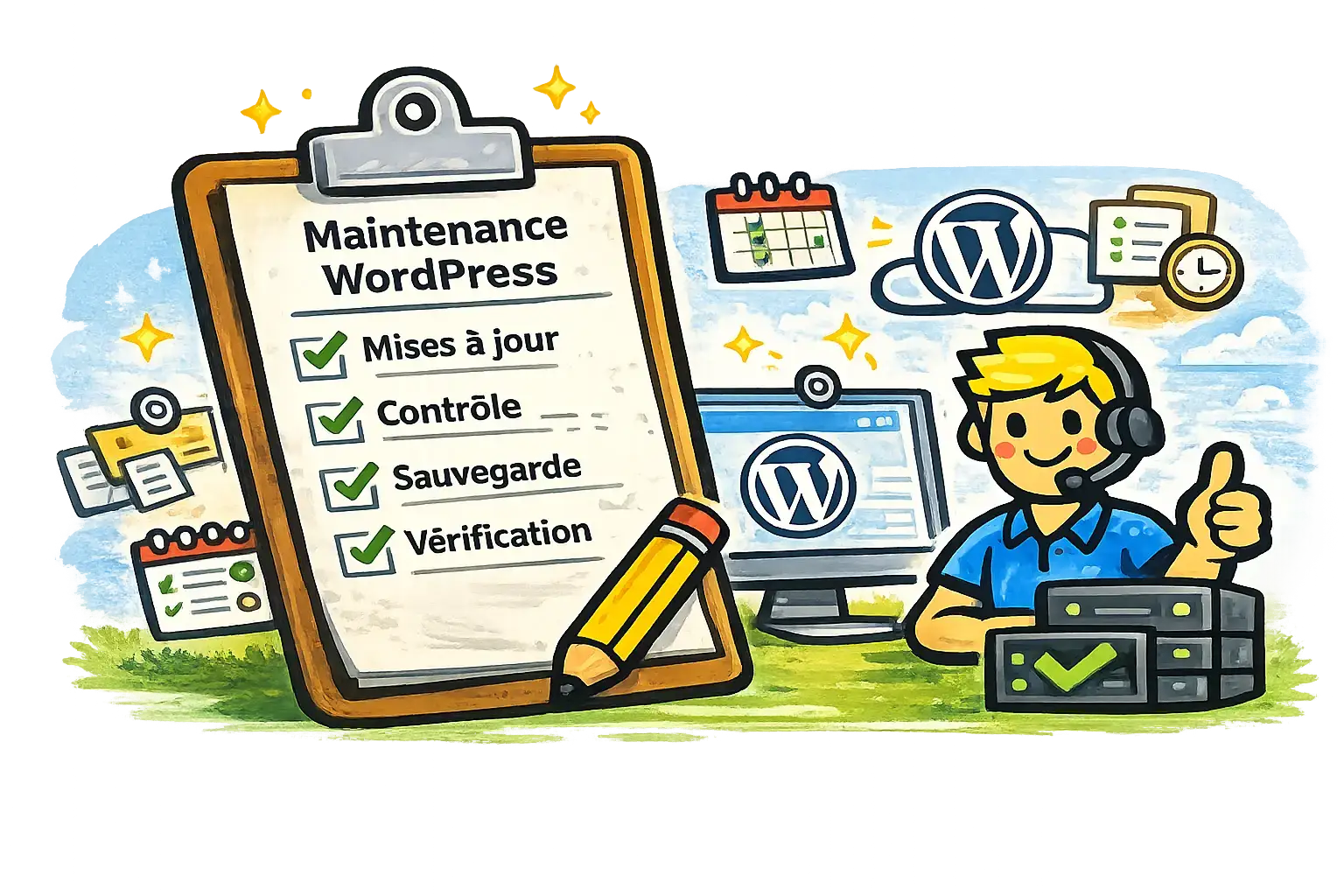 Illustration d’un relais technique WordPress avec checklist de maintenance, suivi régulier et interventions planifiées