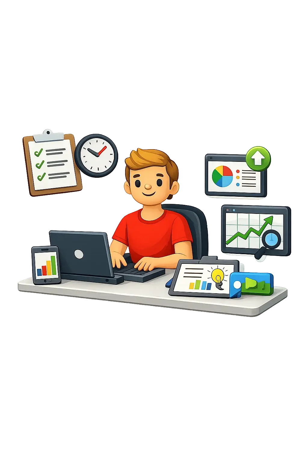 Illustration 3D d’un spécialiste SEO suivant l’évolution des pages, analysant les résultats et ajustant les actions prioritaires