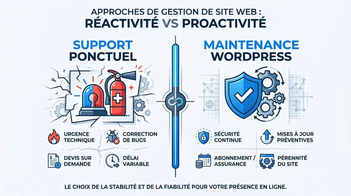 Comparaison entre support technique WordPress à la demande et maintenance mensuelle préventive