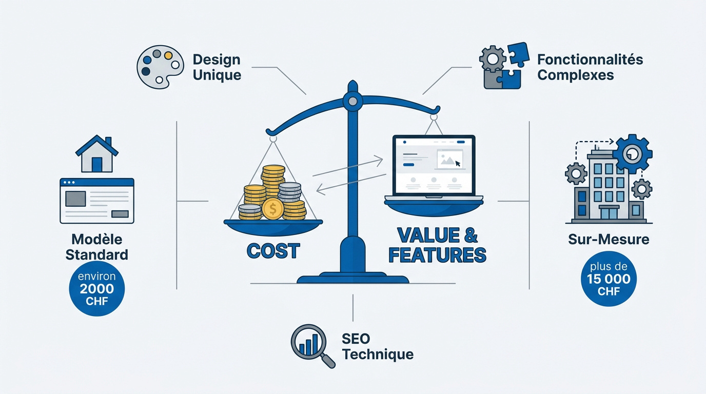 Graphique comparatif des tarifs entre site web standard et création sur mesure