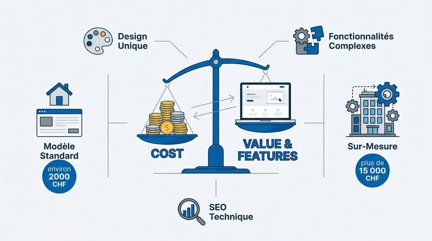 Graphique comparatif des tarifs entre site web standard et création sur mesure