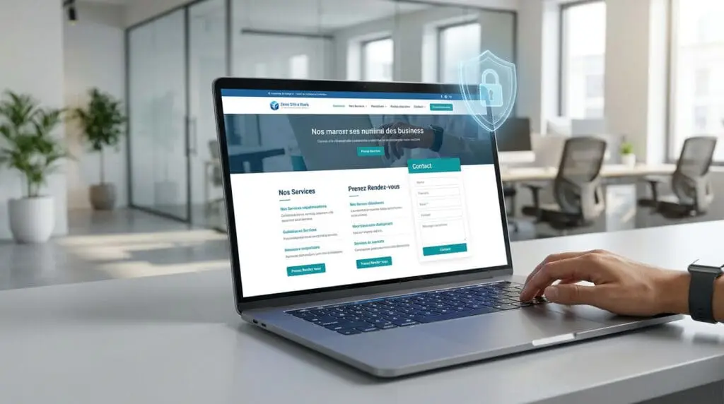Un ordinateur portable affiche un site web professionnel avec une icône de cadenas de sécurité numérique.