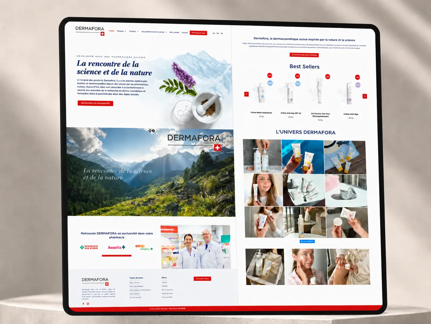 Aperçu du site multilingue et du catalogue produits Dermafora refondus par PRIMAO