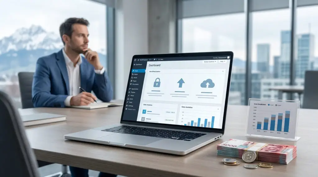 Ordinateur affichant un tableau de bord WordPress et graphique financier sur un bureau avec un homme d'affaires en arrière-plan.