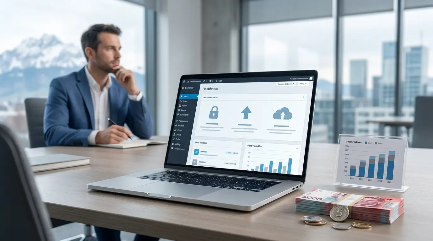 Ordinateur affichant un tableau de bord WordPress et graphique financier sur un bureau avec un homme d'affaires en arrière-plan.