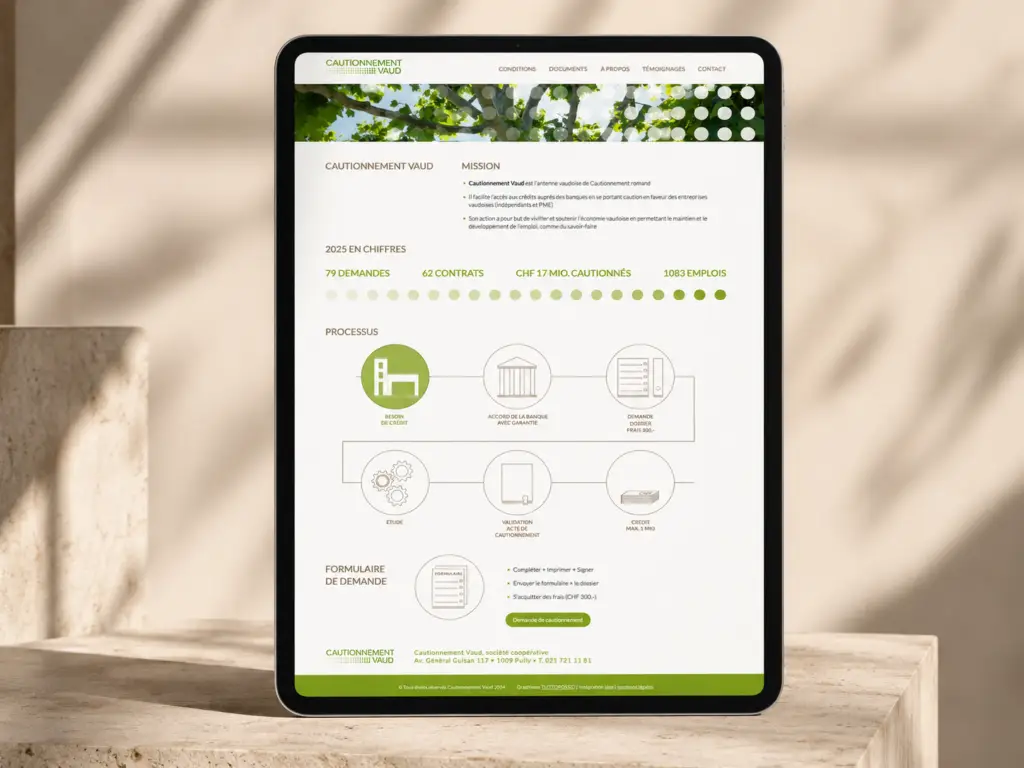 Aperçu du site de Cautionnement Vaud présenté sur une tablette
