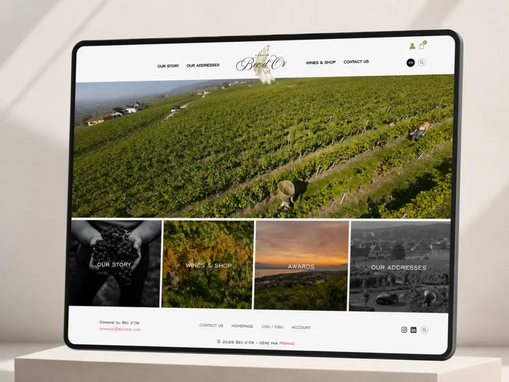 Aperçu du site vitrine et e-commerce du Domaine du Bec d’Or réalisé par PRIMAO