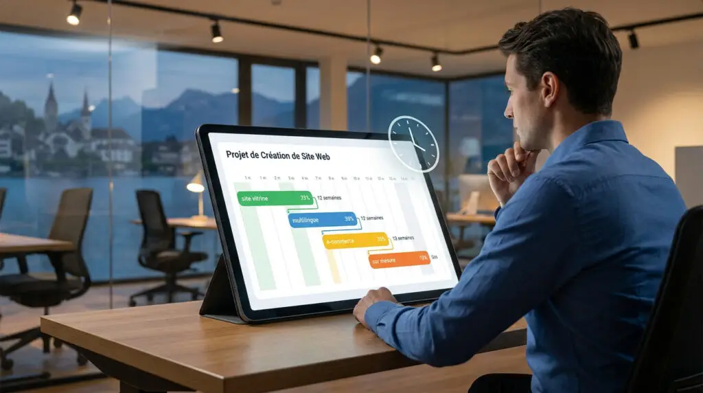 Un homme regarde un graphique sur tablette illustrant les délais de création de différents types de sites web.