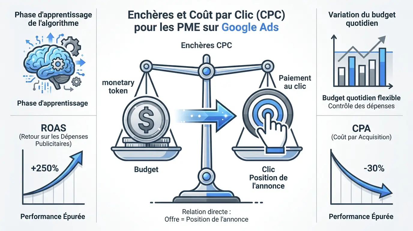 Schéma expliquant le système d'enchères Google Ads et le coût par clic pour une PME