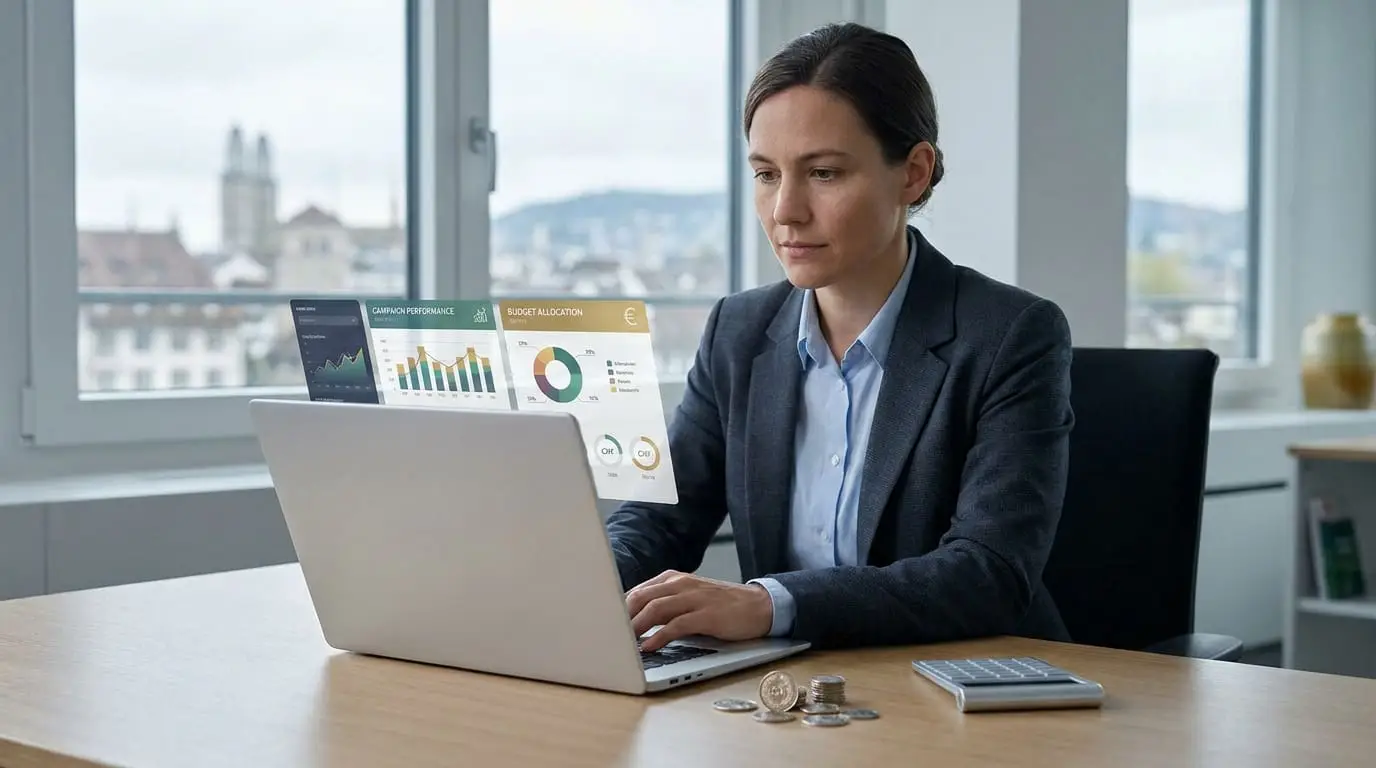 Une femme d'affaires analysant des graphiques de performance Google Ads sur son ordinateur dans un bureau en Suisse.