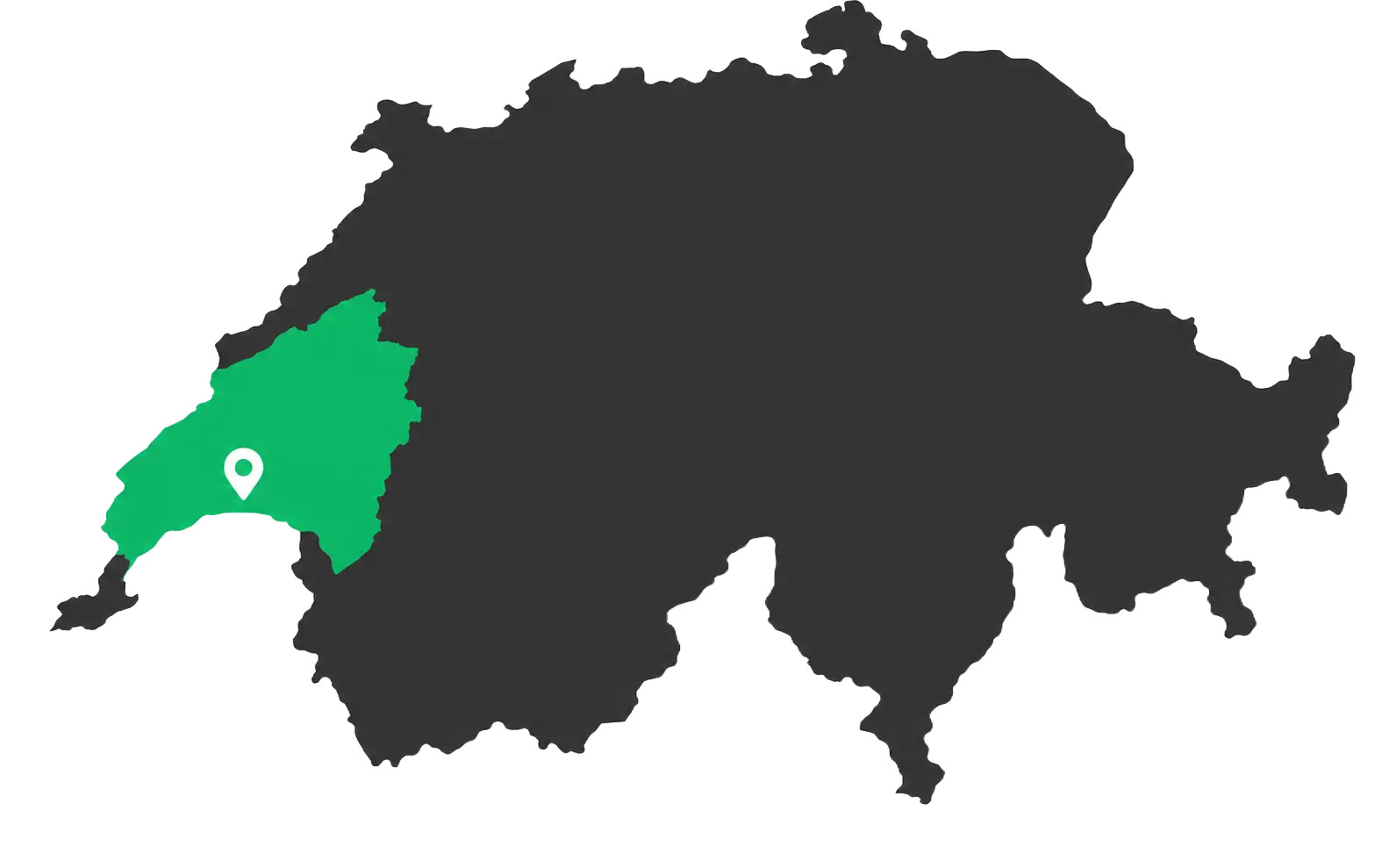 Carte de Suisse avec la Suisse romande en vert et un rep&egrave;re dans le canton de Vaud