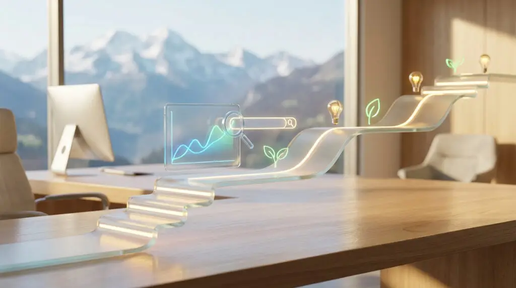 Représentation visuelle d'un chemin ascendant en verre avec des icônes de recherche, des ampoules et des feuilles.