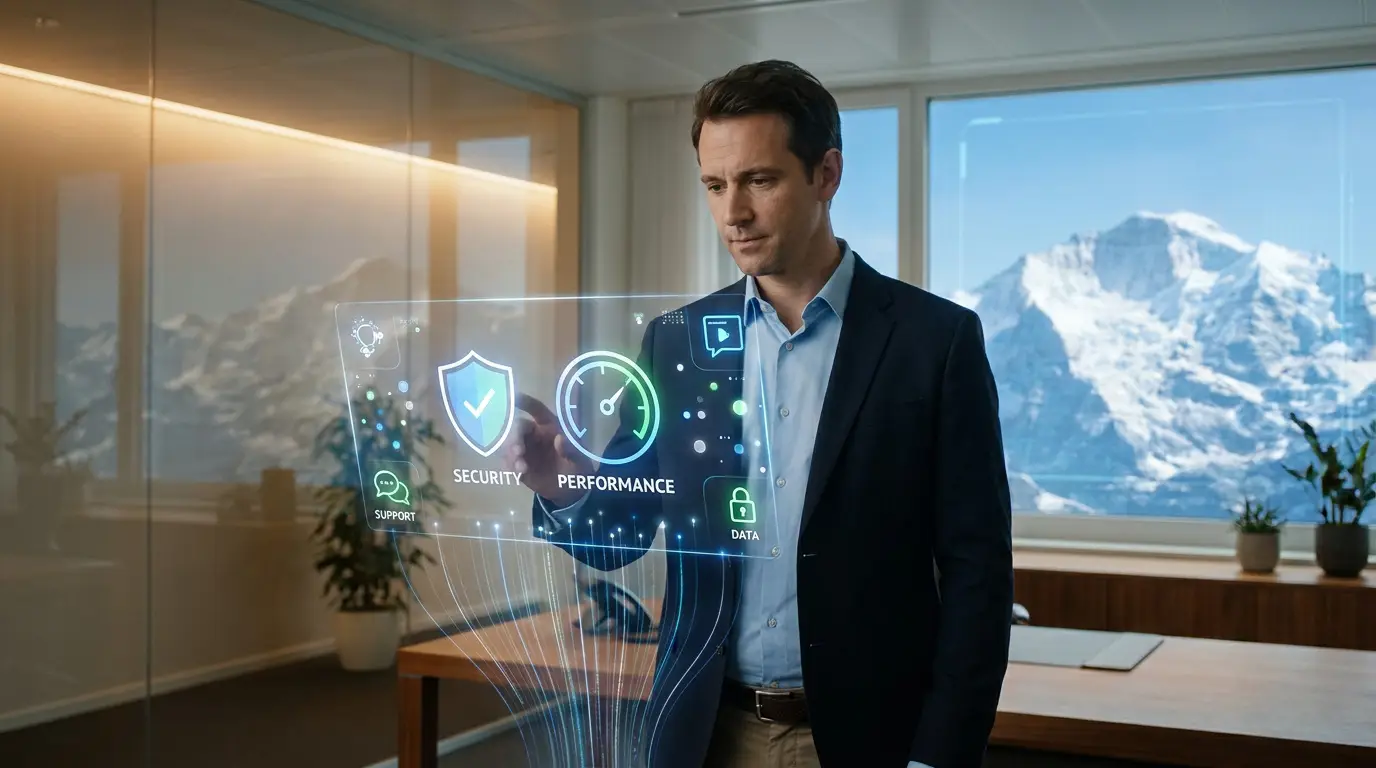 Un homme d'affaires interagit avec une interface numérique futuriste affichant les critères de sécurité et de performance.