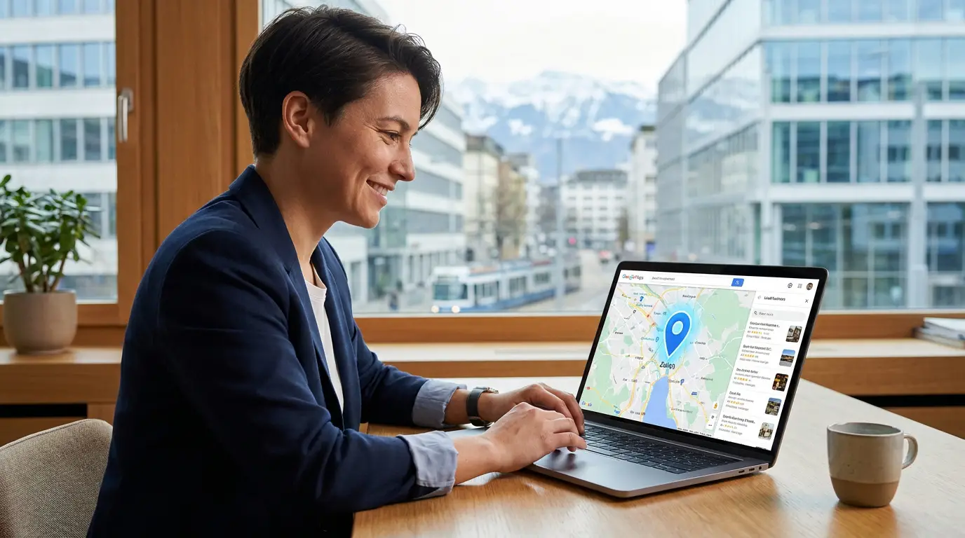 Professionnelle utilisant un ordinateur pour optimiser sa visibilité sur Google Maps dans un bureau avec vue urbaine.