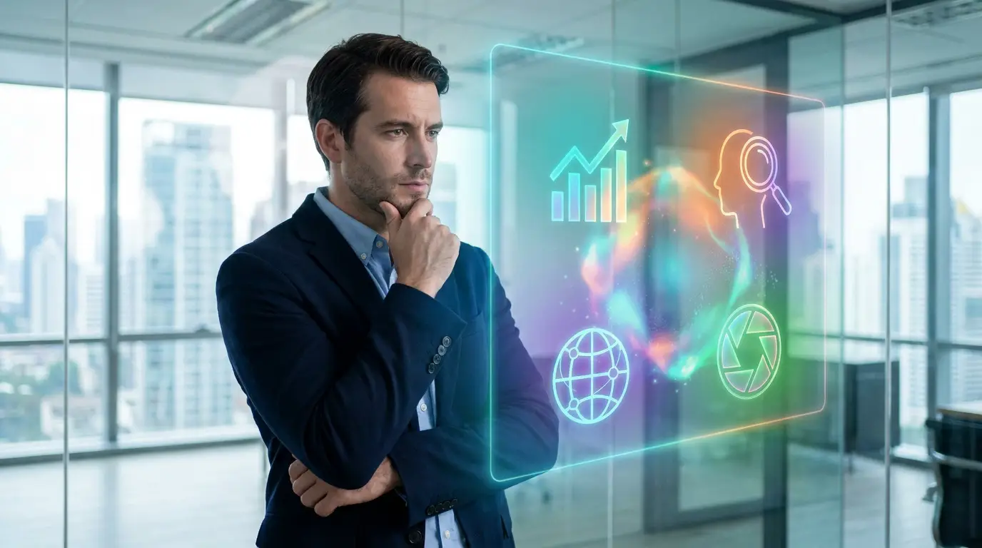 Un homme d'affaires réfléchi regardant une interface holographique avec des icônes de stratégie et de données dans un bureau.