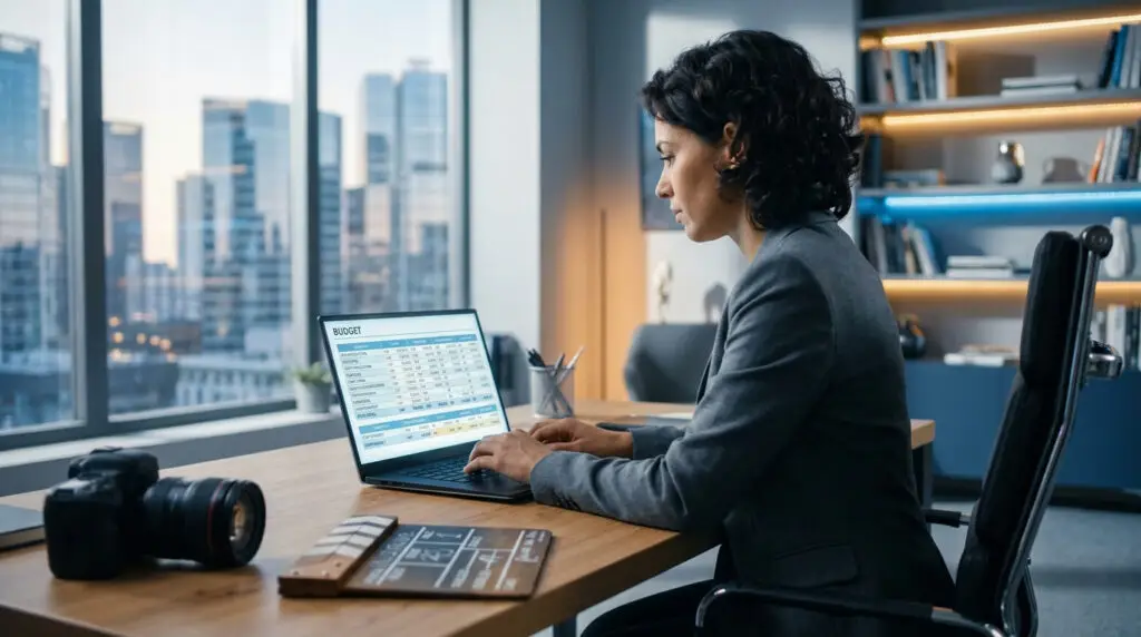 Une femme d'affaires travaillant sur un budget vidéo sur son ordinateur portable dans un bureau moderne avec vue sur la ville.