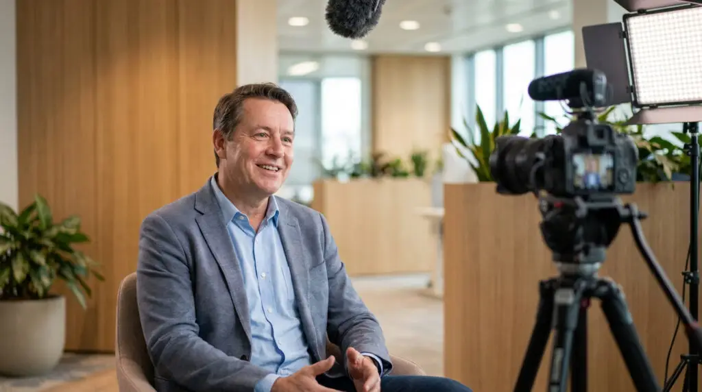 Un homme souriant en veste de costume est interviewé devant une caméra professionnelle dans un bureau moderne.