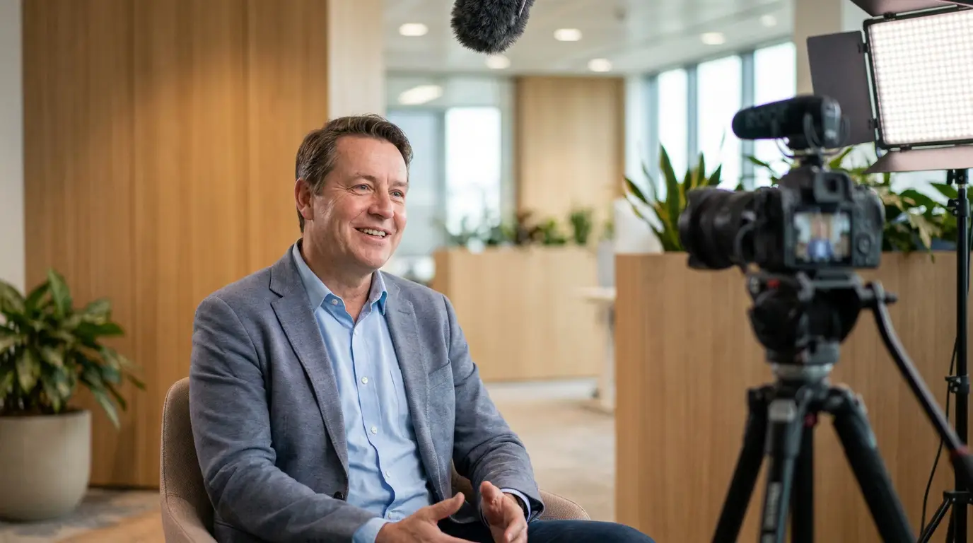 Un homme souriant en veste de costume est interviewé devant une caméra professionnelle dans un bureau moderne.