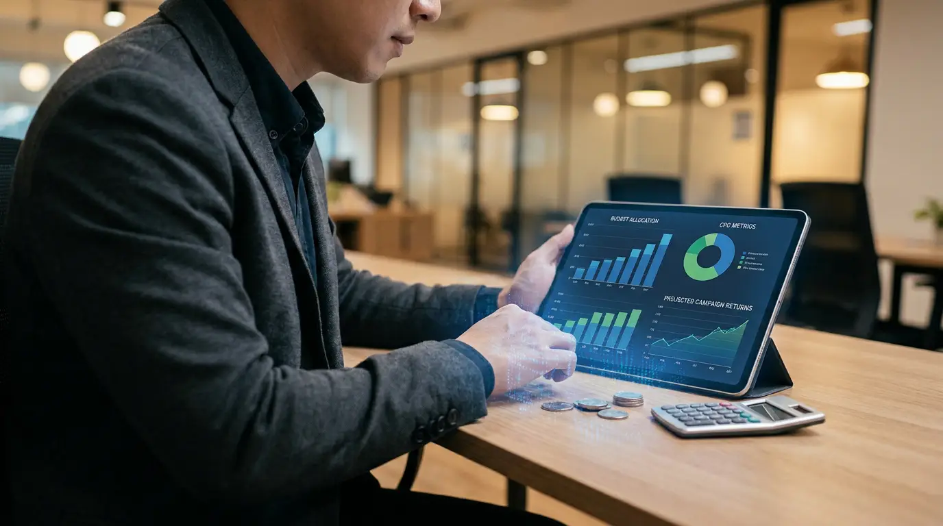 Un professionnel analysant des graphiques financiers et des indicateurs de campagne sur une tablette numérique.