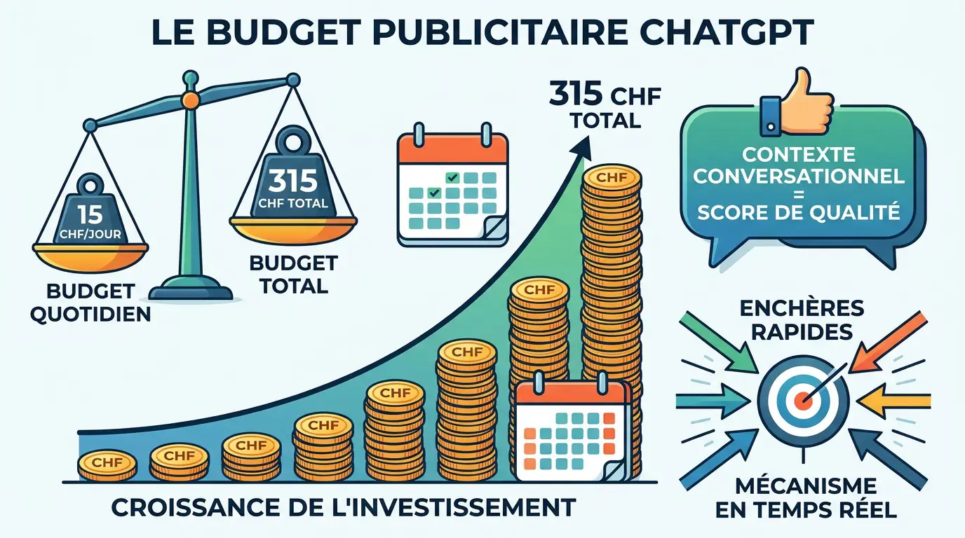 Graphique illustrant l'évolution du budget publicitaire et des enchères sur ChatGPT Ads