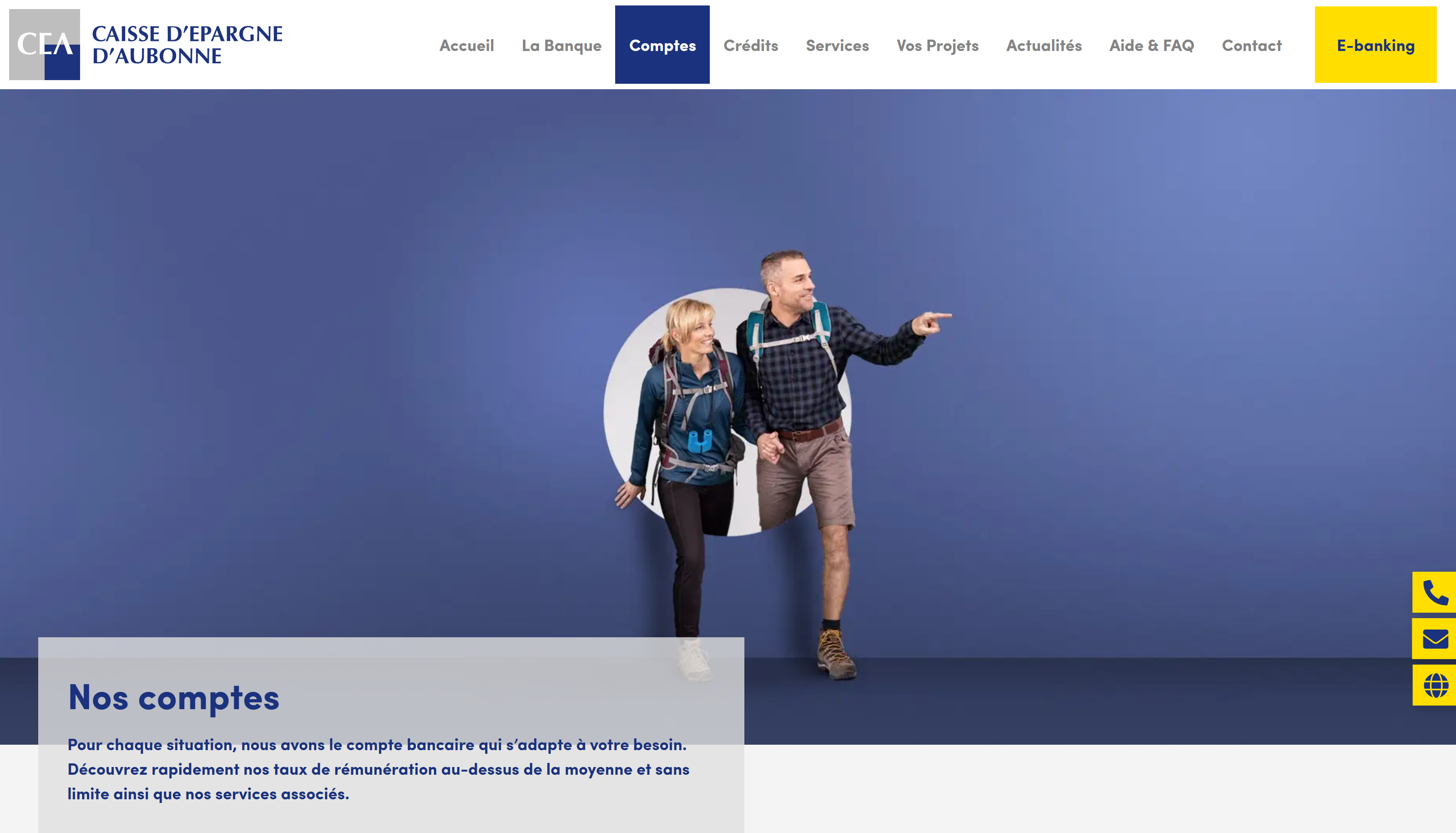Page des comptes de la Caisse d’Épargne d’Aubonne : navigation de la banque, photographie d’un couple et présentation de la rubrique Nos comptes.