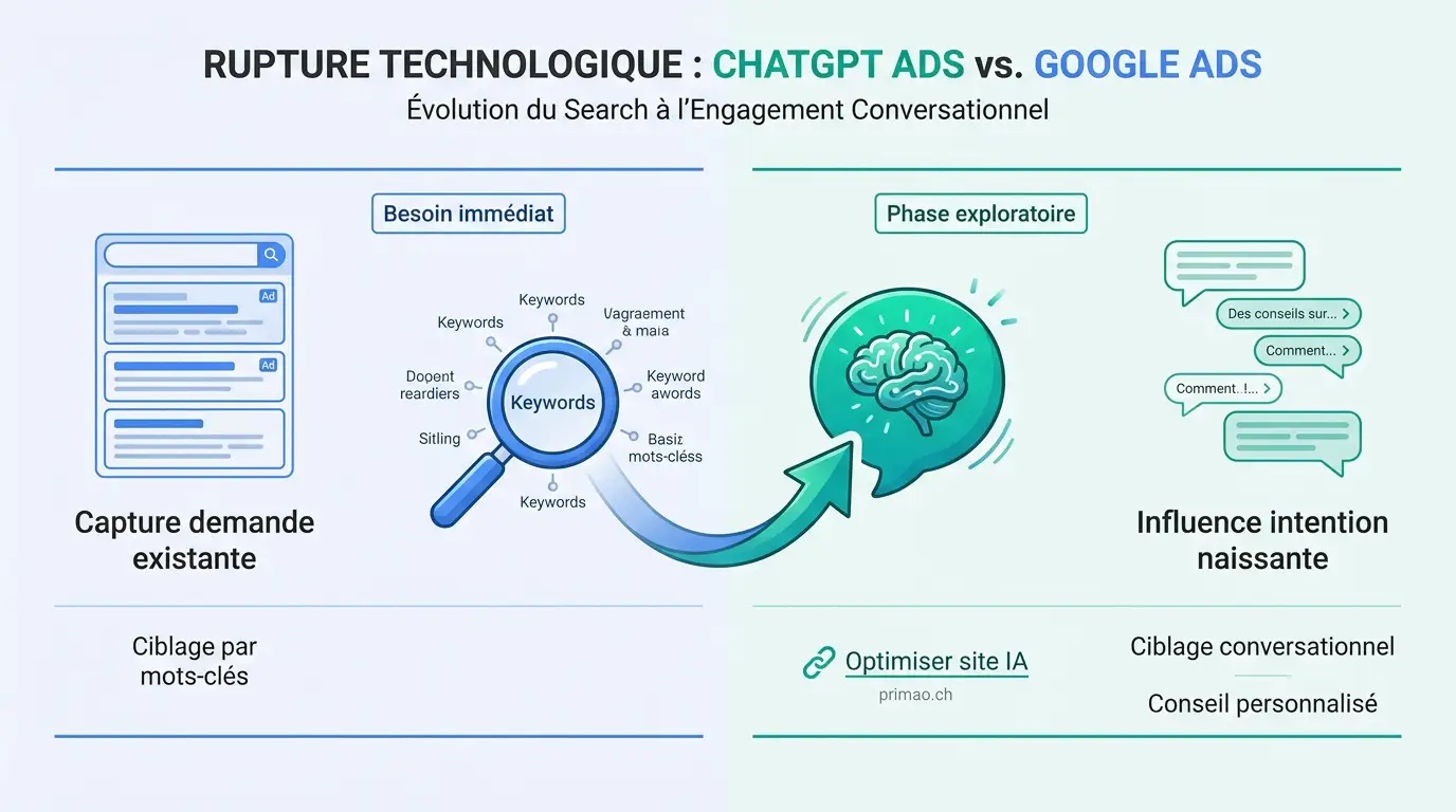 Comparaison entre l'interface de recherche Google Ads et le dialogue conversationnel de ChatGPT Ads
