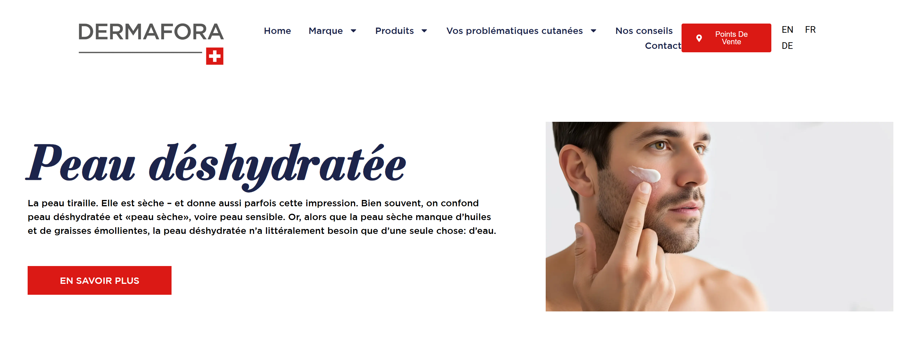 Page Peau déshydratée du catalogue Dermafora : portrait illustré, titre de la gamme et introduction.
