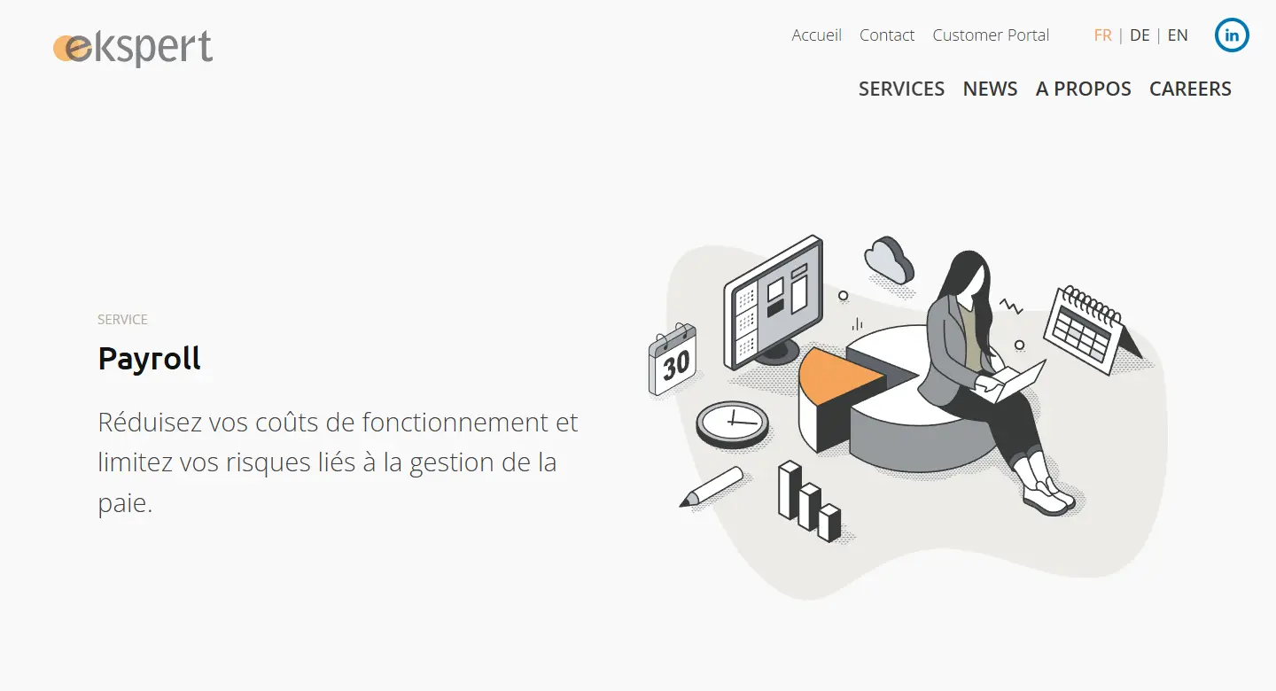Page Payroll en français sur le site d’Ekspert, avec présentation du service et illustration