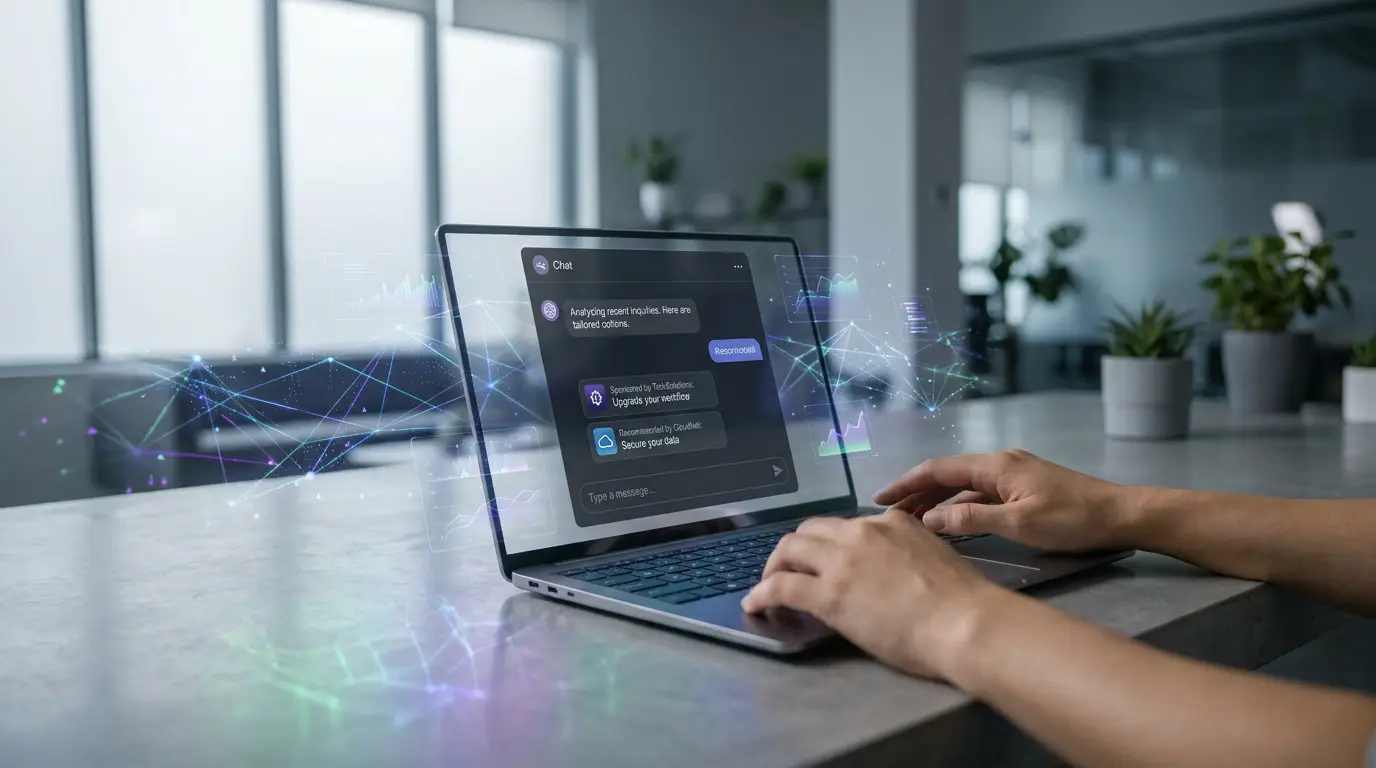 Mains sur un clavier d'ordinateur portable avec une interface IA affichant des publicités et des graphiques en surimpression.