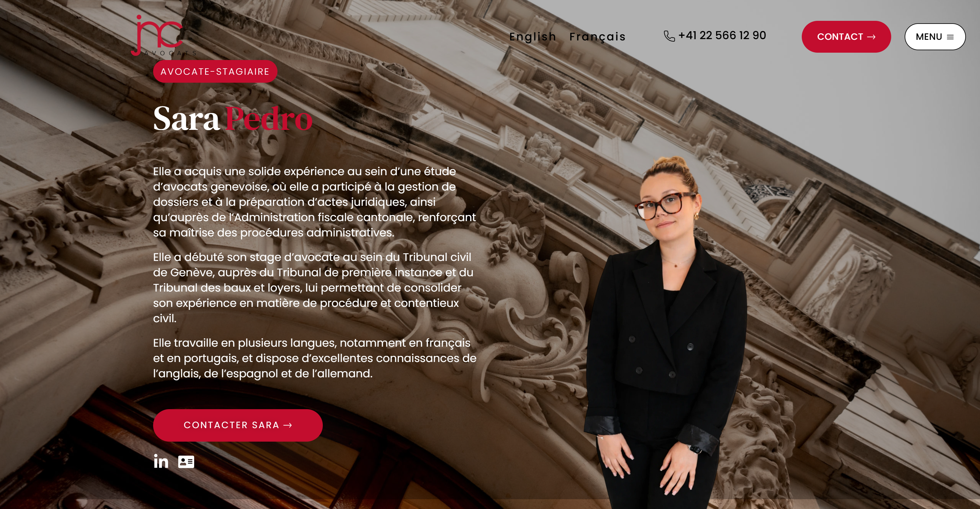Profil public de Sara Pedro sur le site JNC Avocats : nom, fonction d’avocate-stagiaire et portrait dans l’univers visuel de l’étude.