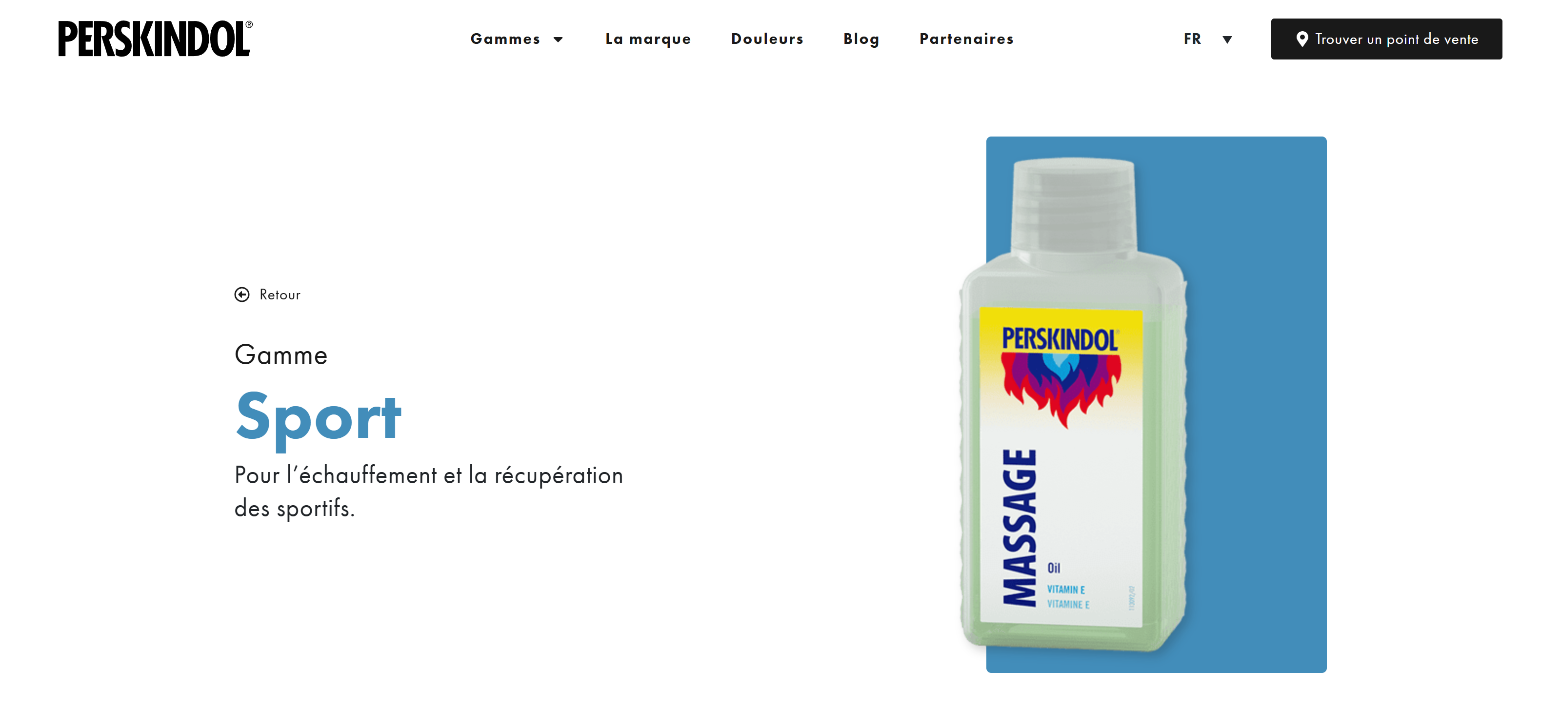 Page de la gamme Sport sur le site Perskindol : titre, introduction et photographie du flacon d’huile de massage.