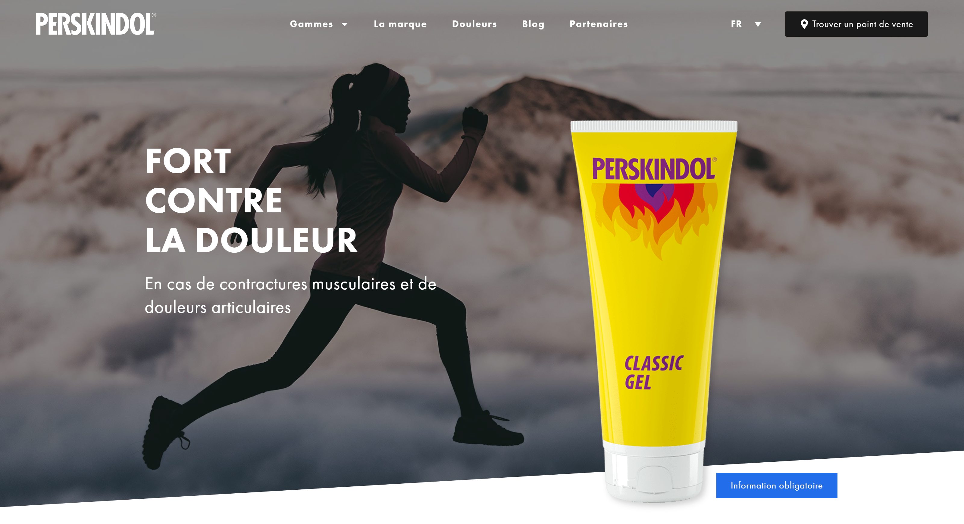 Accueil du site de marque Perskindol : univers sportif et présentation du tube Classic Gel.