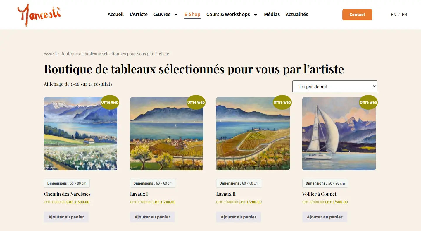 Boutique WooCommerce de Rita Mancesti avec tableaux, dimensions, prix et boutons d’ajout au panier