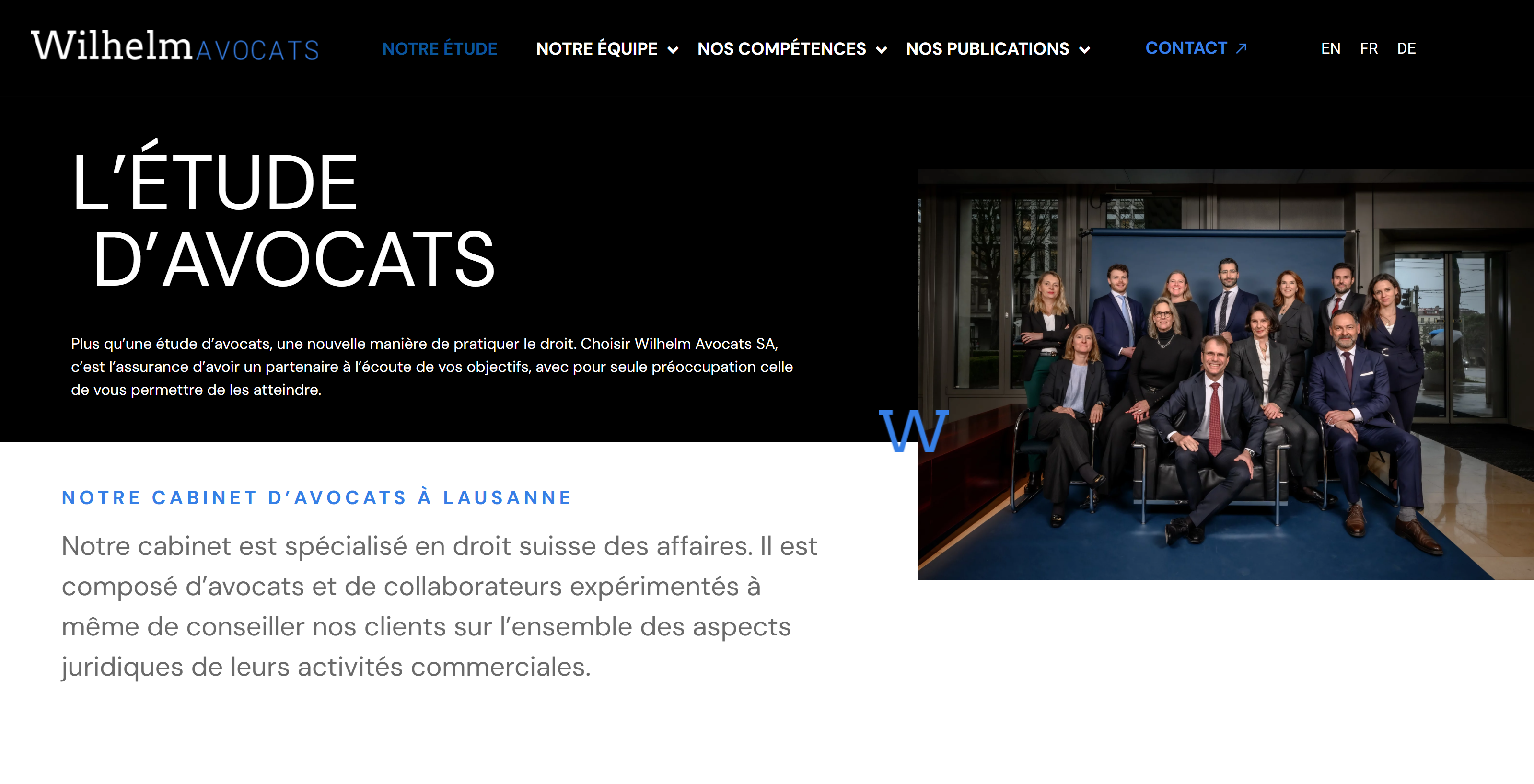 Page de présentation de Wilhelm Avocats : identité de l’étude, photo de l’équipe et introduction du cabinet lausannois.
