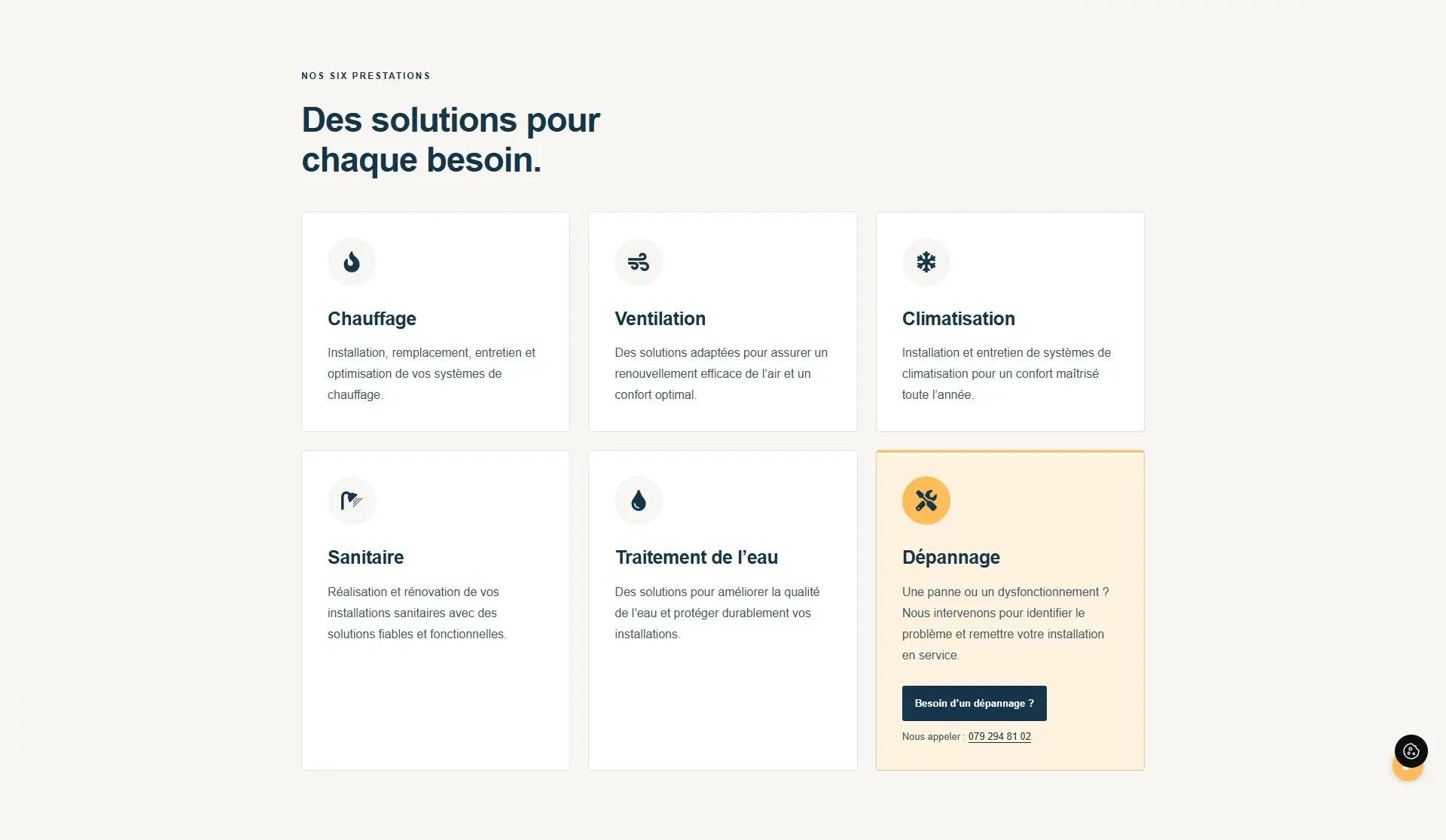 Présentation des six prestations Anka Energies : chauffage, ventilation, climatisation, sanitaire, traitement de l’eau et dépannage.
